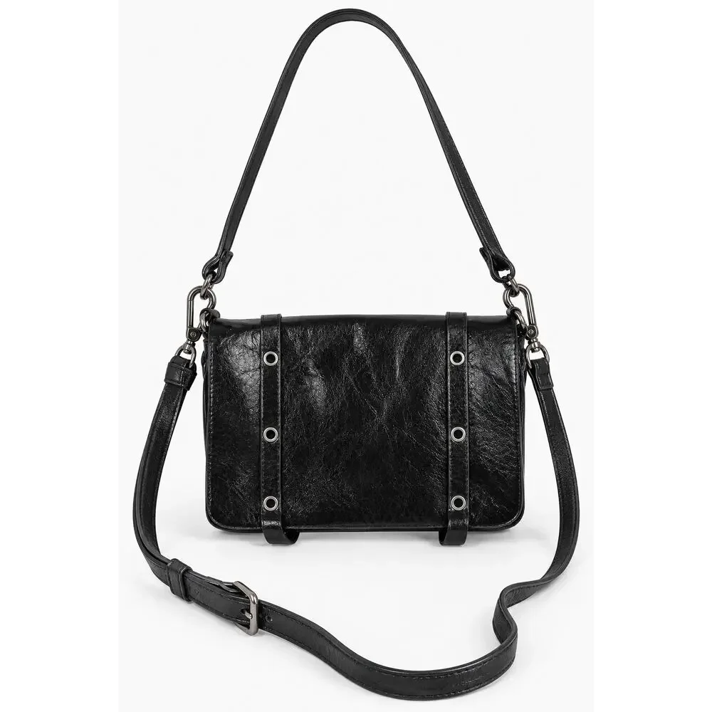 Lia Numa Womens Black Handbag Crossbody Strap Genuine Leather Grommet Purse